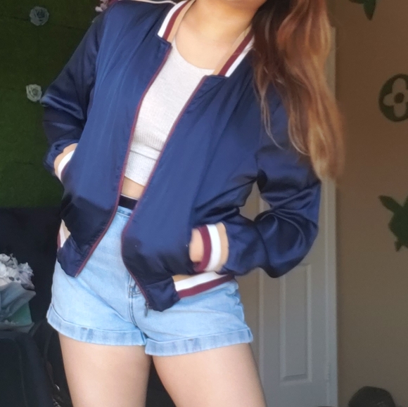 Satin Navy Bomber Jacket - Picture 2 of 3
